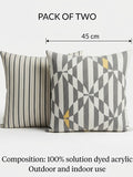 Two decorative throw pillows shown on a light gray background with overlaid dimension lines and text reading 'PACK OF TWO', '45 cm', '45 cm', and promotional text about composition and outdoor/indoor use.