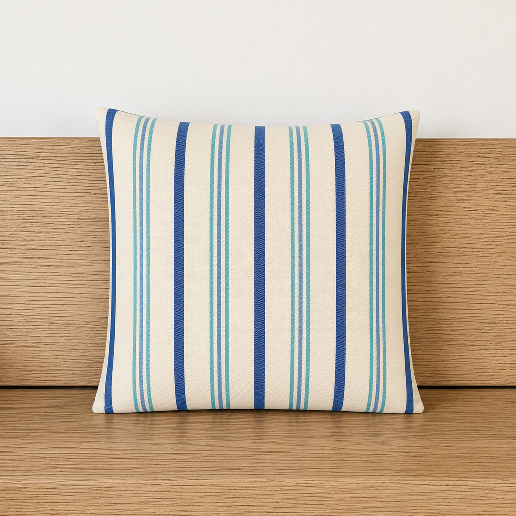 Indoor/Outdoor complete cushion - 45 x 45 - Blue/Grey/Green and White Stripes - Solution Dyed Acrylic - Fade Resistant - Australian made
